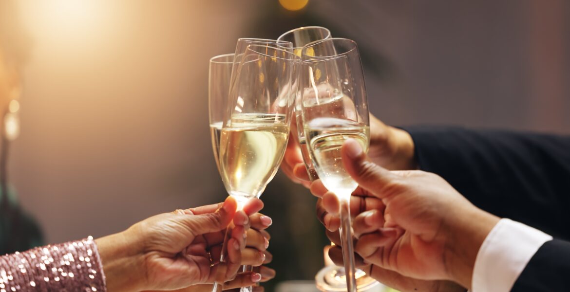 Hands,,Group,And,Toast,Champagne,At,Party,In,Celebration,,Goals