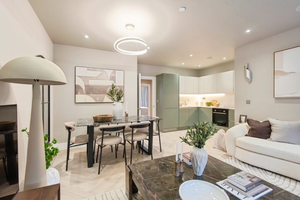 Luxury kitchen and dining room interior at Gateway Residence apartments in Stevenage town centre